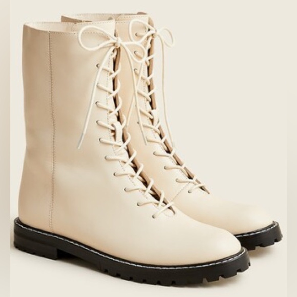 J Crew Gwen Lug Sole Leather Combat Boots 7.5 Lace Up Cream Ivory White New